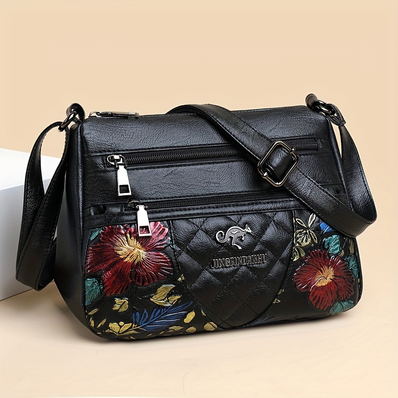 

Embroidered Floral Design Pu Leather Crossbody Bag, Fashionable Pattern Shoulder Bag, Multi-layer Purse Perfect As Valentine's Gift For Women