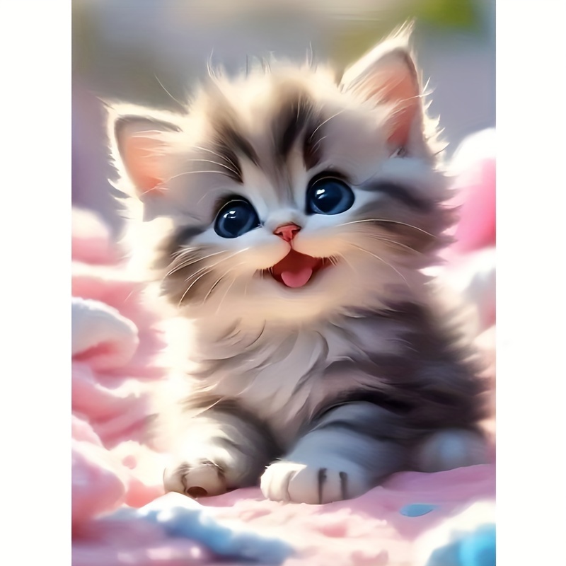 1pc Kitten Pattern, 5d Diamond Painting Kit -- Round Diamonds, Frameless Canvas Craft, Ideal For Decor And Holiday Gifts