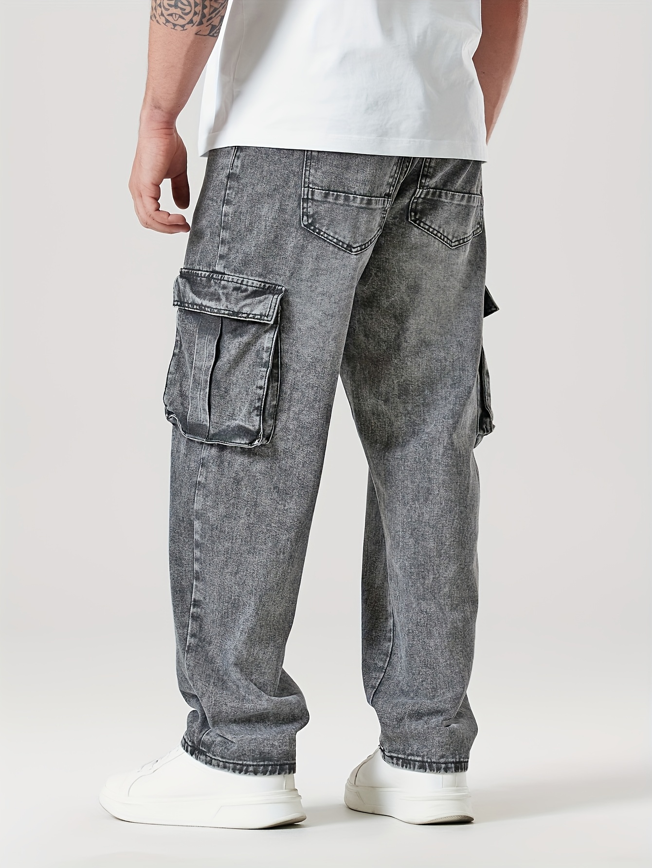 men's loose fit cargo jeans side pockets gray denim relaxed
