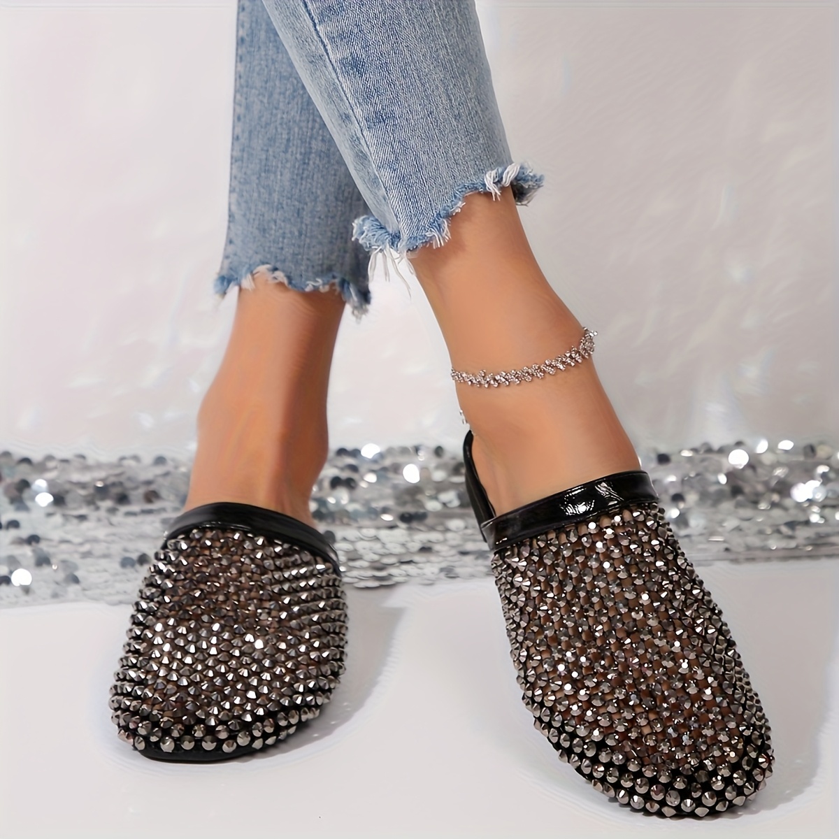 Women'S Sparkling Round-Toe Slip-On Mules with Low Heel - Golden Tone, Faux Upper, Synthetic Insole, All-Season Comfort Shoes, Fashion Footwear|Sparkling Detail|Synthetic Upper, Mules