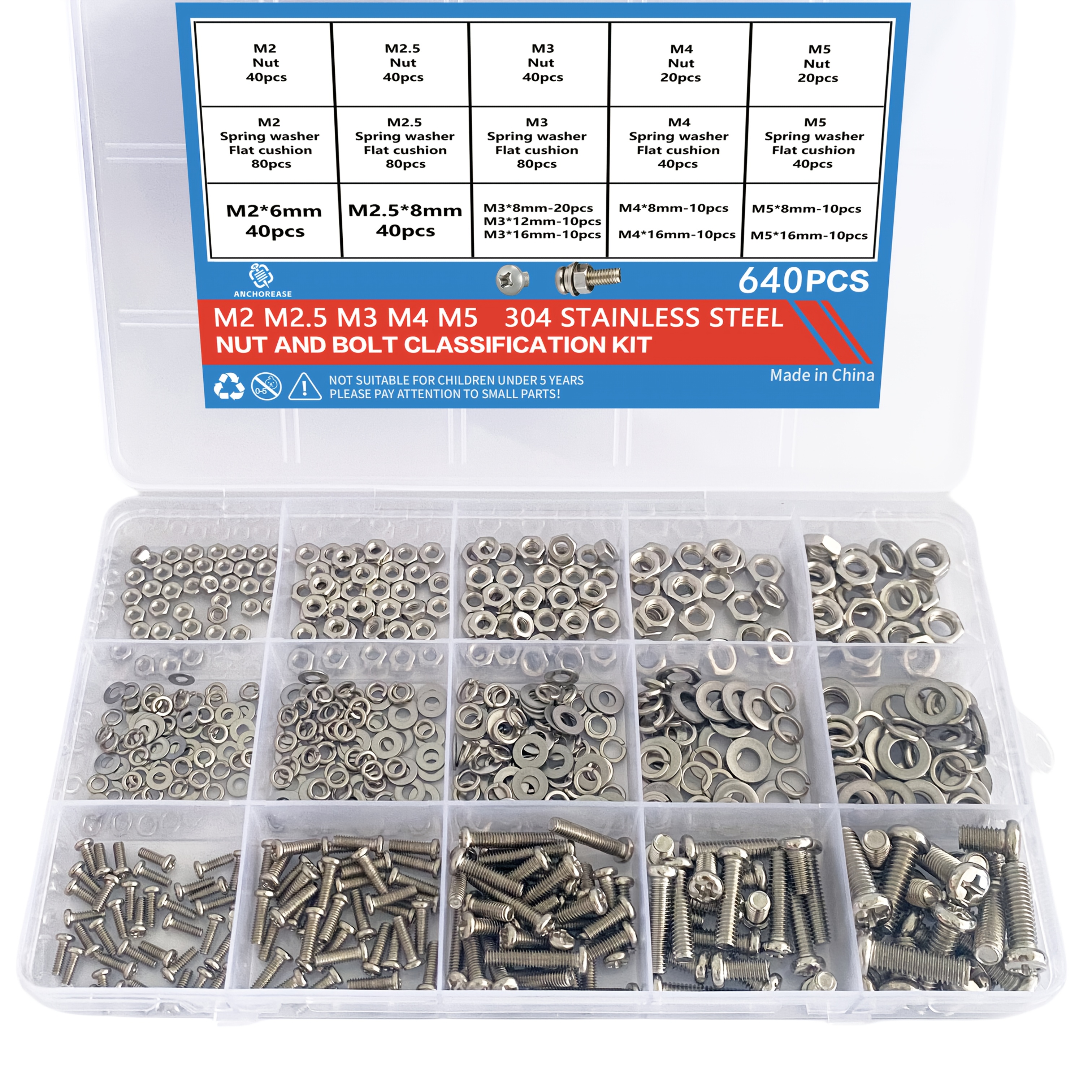 Image of 640pcs Stainless Steel Hex Nut And Set, Multifunctional And Durable Hardware Fasteners, M2 M2.5 M3 M4 M5 Metric Screws With Washers, Suitable For And