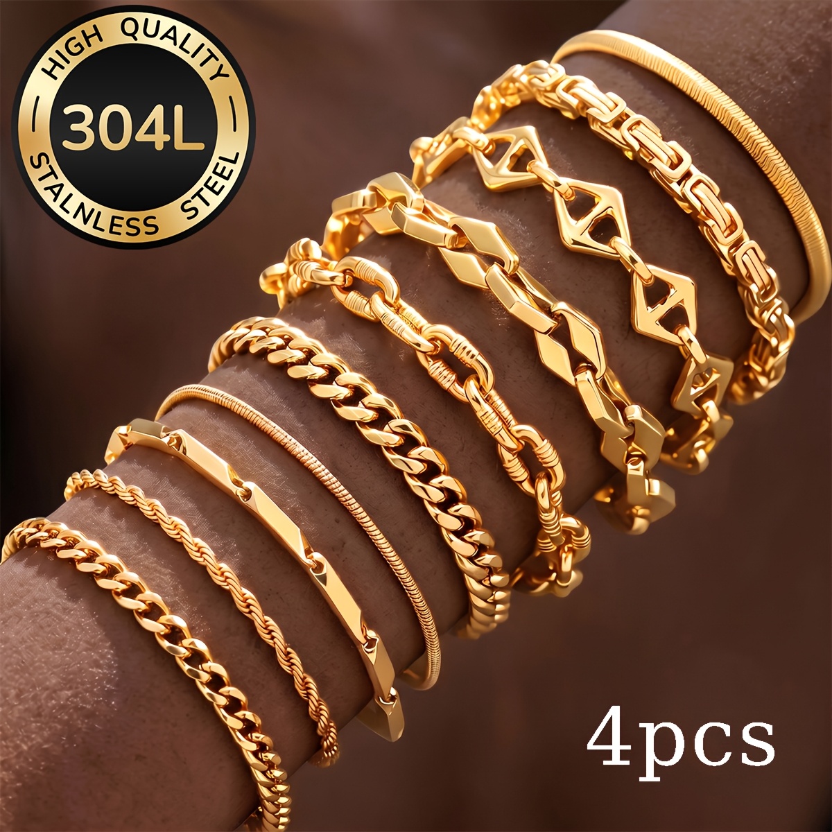 2/4pcs 18K Gold Plated Waterproof Bracelet Set for Men
