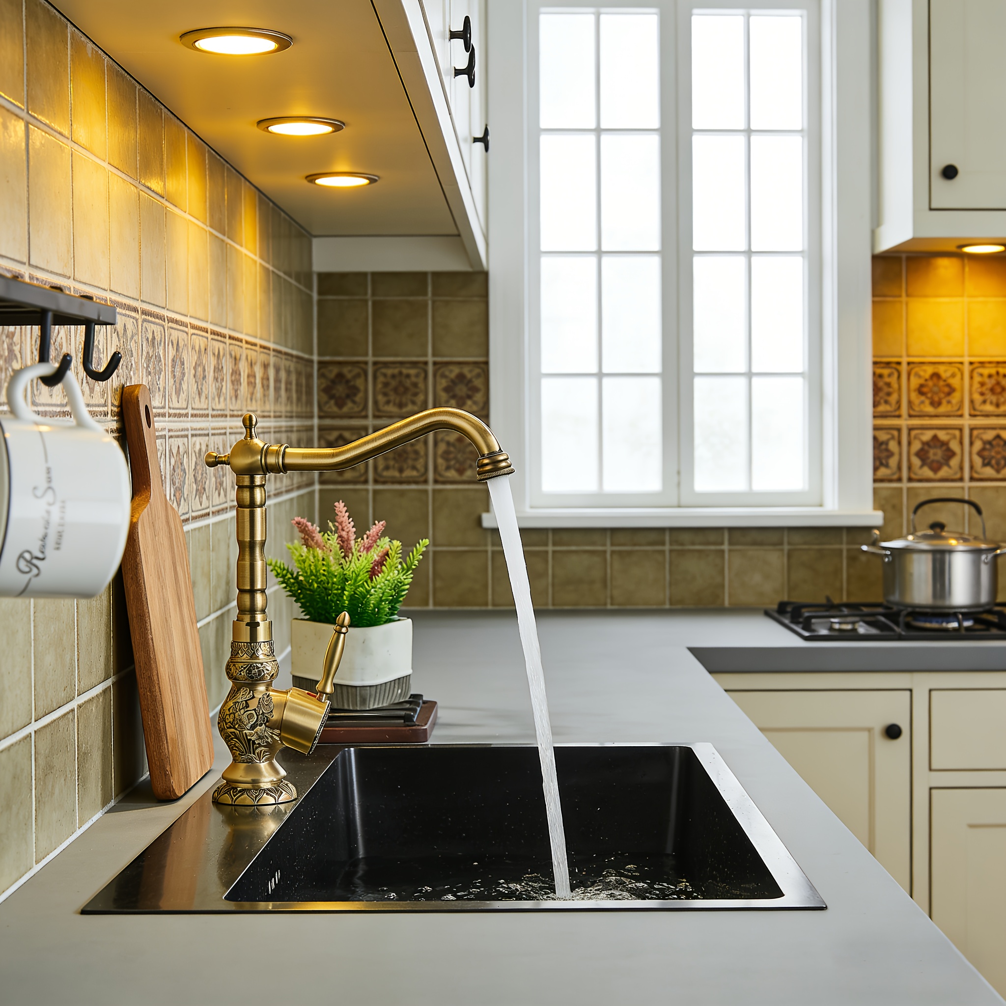 Image of Antique Brass Kitchen Sink Mixer Tap Retro Waterfall Single Handle Kitchen Sink Faucet Waterfall Faucets, Vintage Kitchen Faucet, Tall Kitchen Faucets