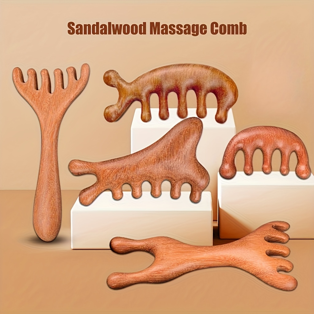 Set of 5 Wooden Combs for Scalp Massage, Made of Sandalwood, Designed for Manual Use on  , Face, Neck, Back, Hands, Feet, And Legs.