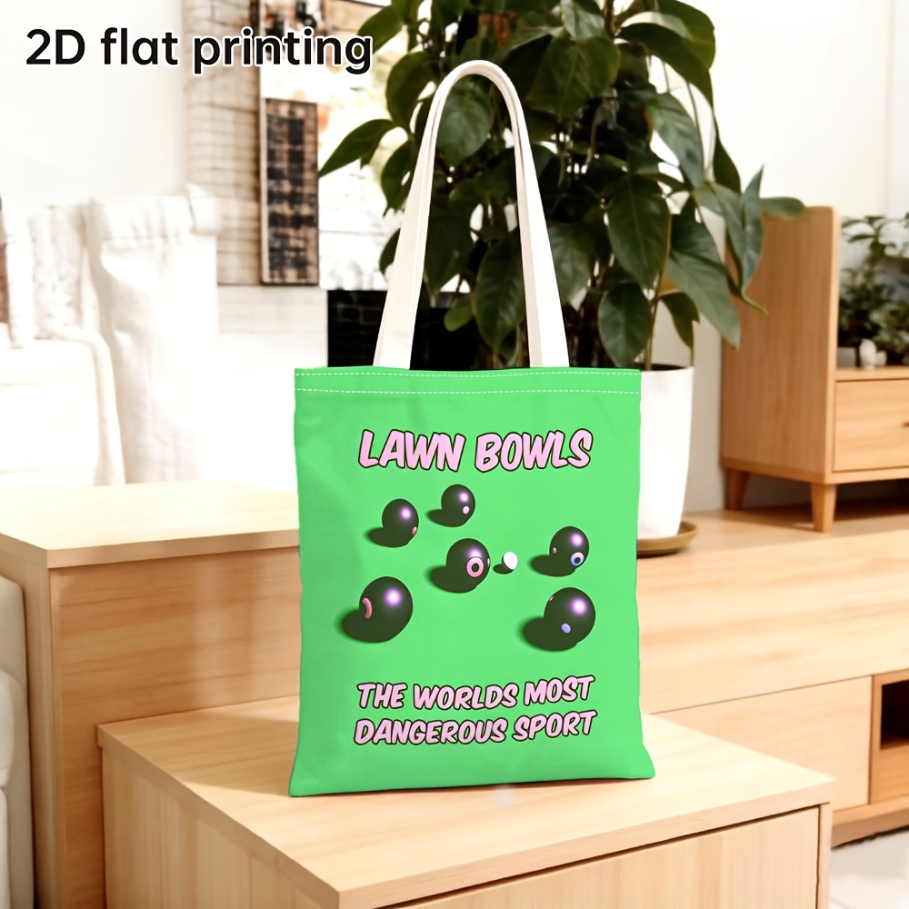 TEMU Funny Lawn Bowls Tote Bag, Retro Sports Graphic Shoulder Bag, 2d Flat Printing Reusable Shopping Tote For Sports Lovers, Daily Work Grocery Bag,