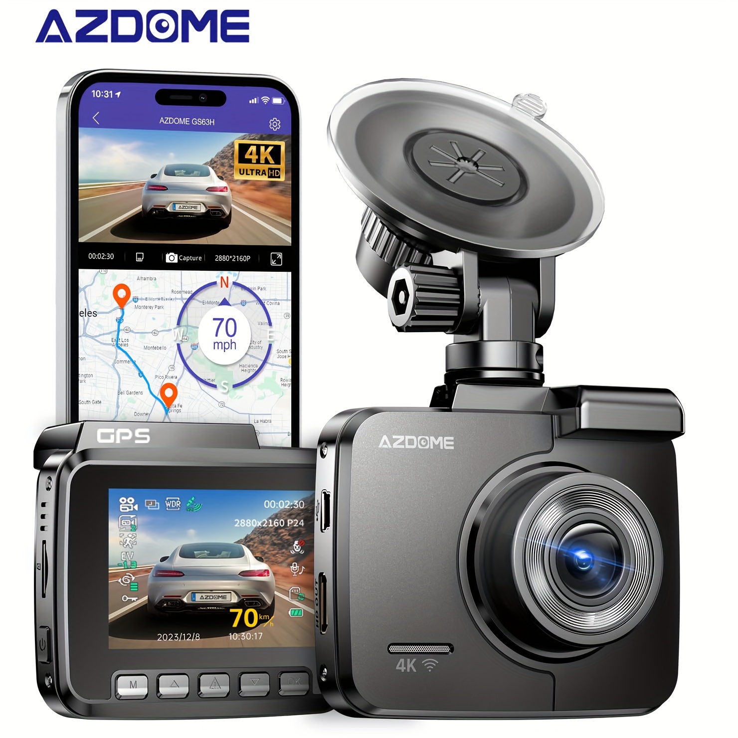 AZDOME Rayfoto/M550 4K Ultra HD 3 Channel Dash Cam Night App Control Car  Camera with GPS DashCam