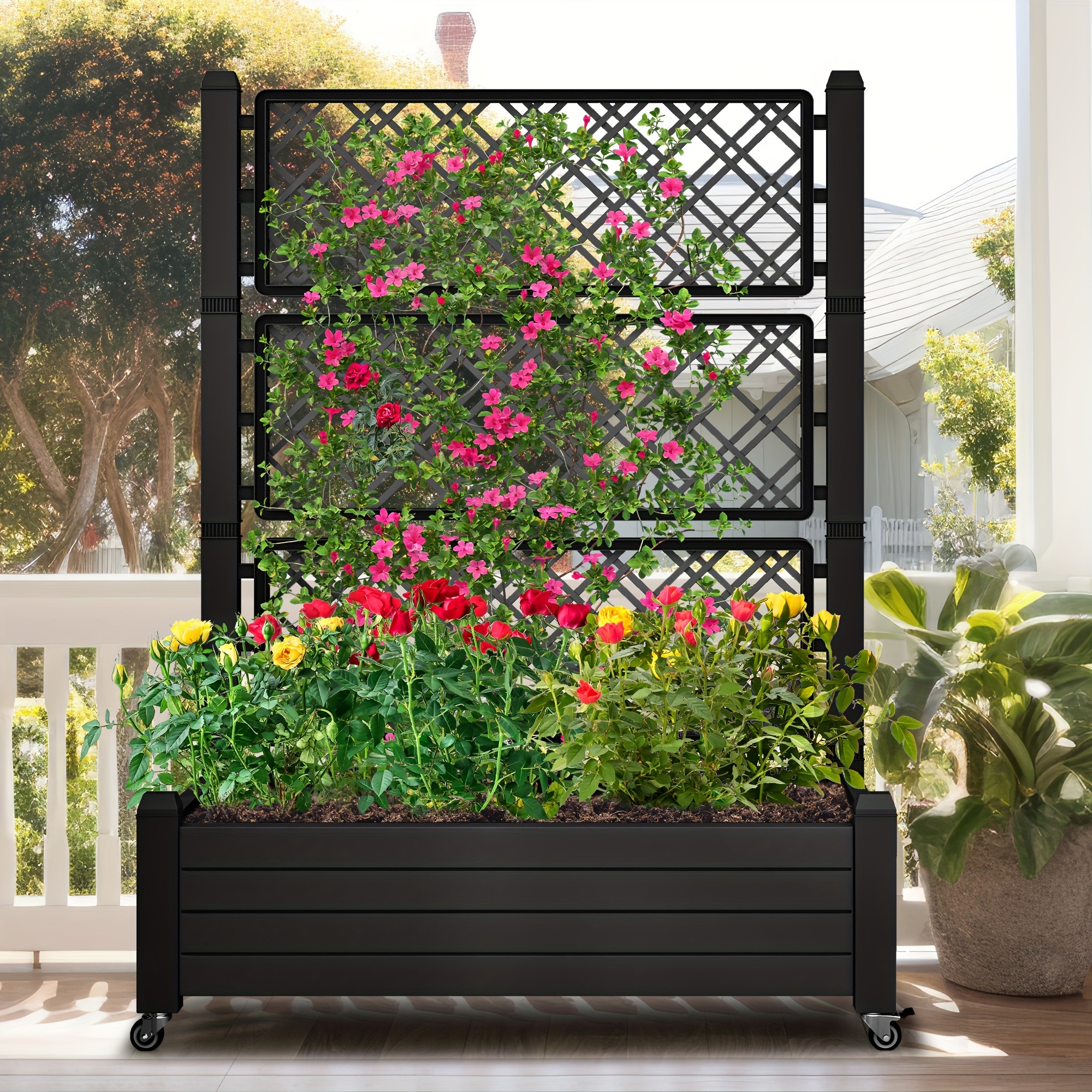 

1pc Outdoor Resin Raised Garden Bed Climbing Planter Box With Trellis And Wheels