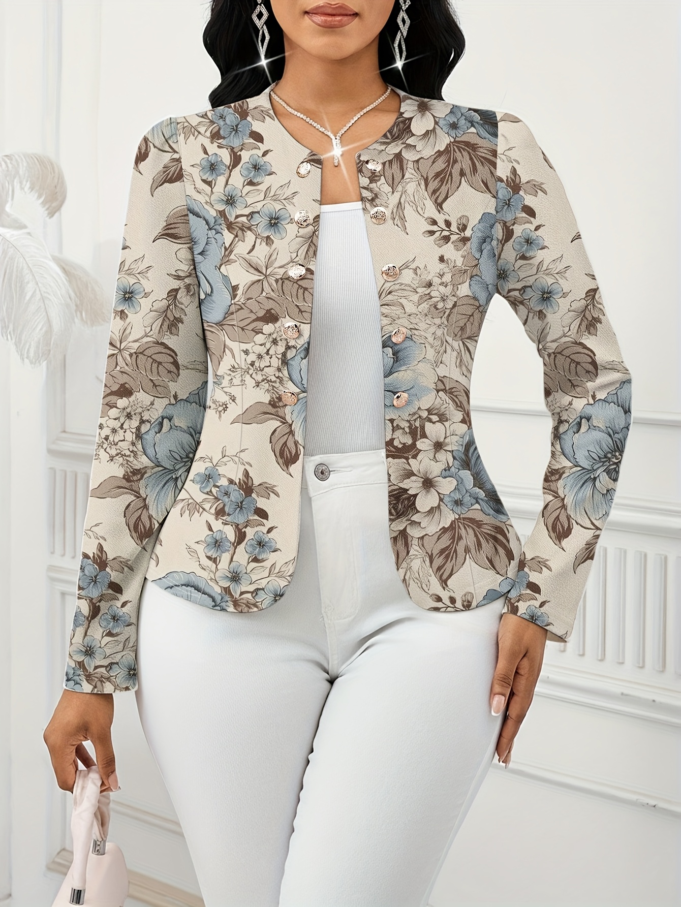 Women'S Lightweight Blazer Jacket - Elegant Floral Button-Front Coat, All-Season Office & Everyday Jacket for Women, Formal & Casual Outfits - Easy-Care Chic Outerwear