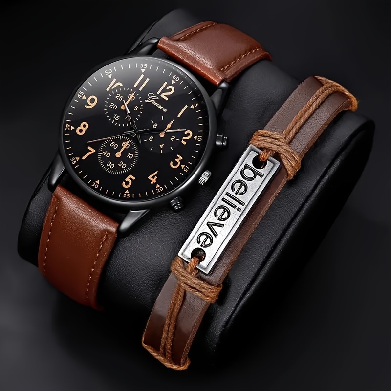 2pcs set mens brown pu strap disc dial casual calendar quartz watch rope bangle set details 2