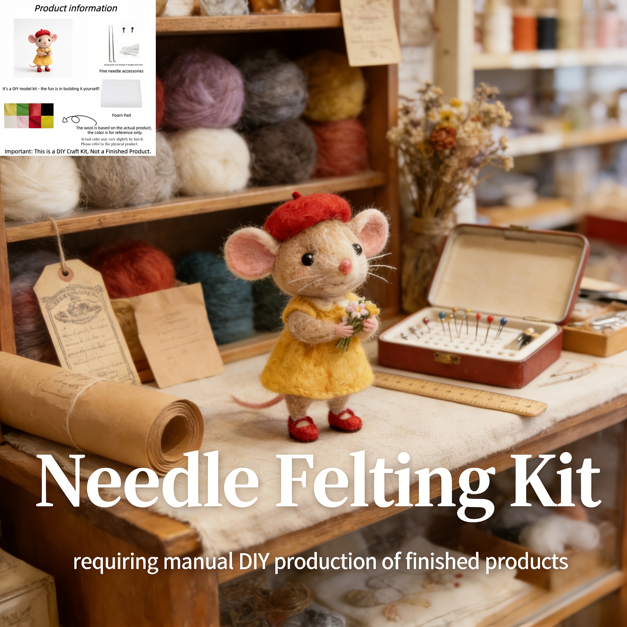 TEMU 1pc - Soft Cute Yellow Dress Mouse Miss Needle Felting Kit, Creative Handmade - Material Bag, Desktop Ornament/bag Pendant/home Decor, Gift For