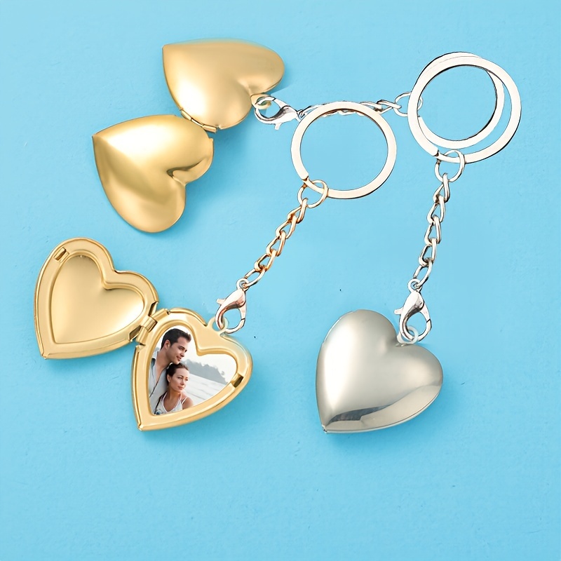 

1pc Stainless Steel Metal Heart-shaped Photo Frame Keyring For Men, Gift For Family, Family Photo Storage Box Pendant Keychain, Holiday Gift