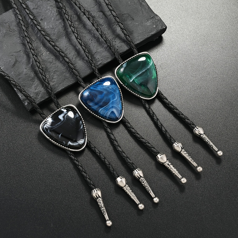 TEMU 3pcs Vintage Western Cowboy Stone Bolo Tie- Casual Layered Chain With Multi- Color Gemstone Pendants (green, Blue, Black) &metallic Accents For Men&women, Versatile Casual Attire