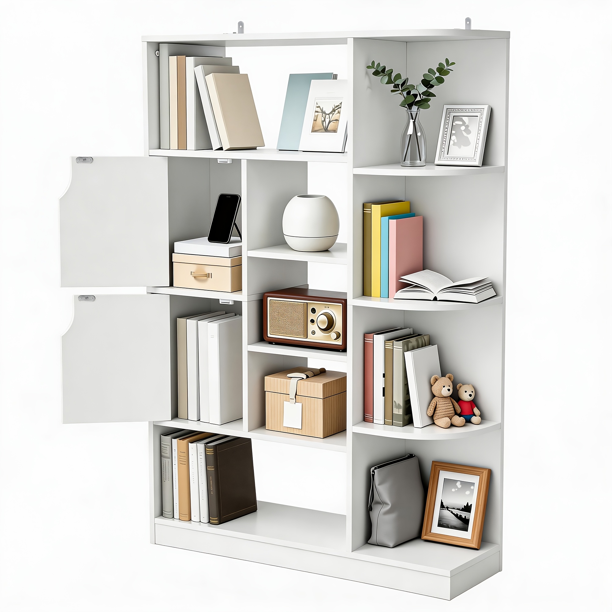 Image of Open Bookshelf 120cm High 9 Storage Compartments And 2 Fabric Door Cabinets Living Room Bedroom Study Storage Cabinet 80x24x120cm