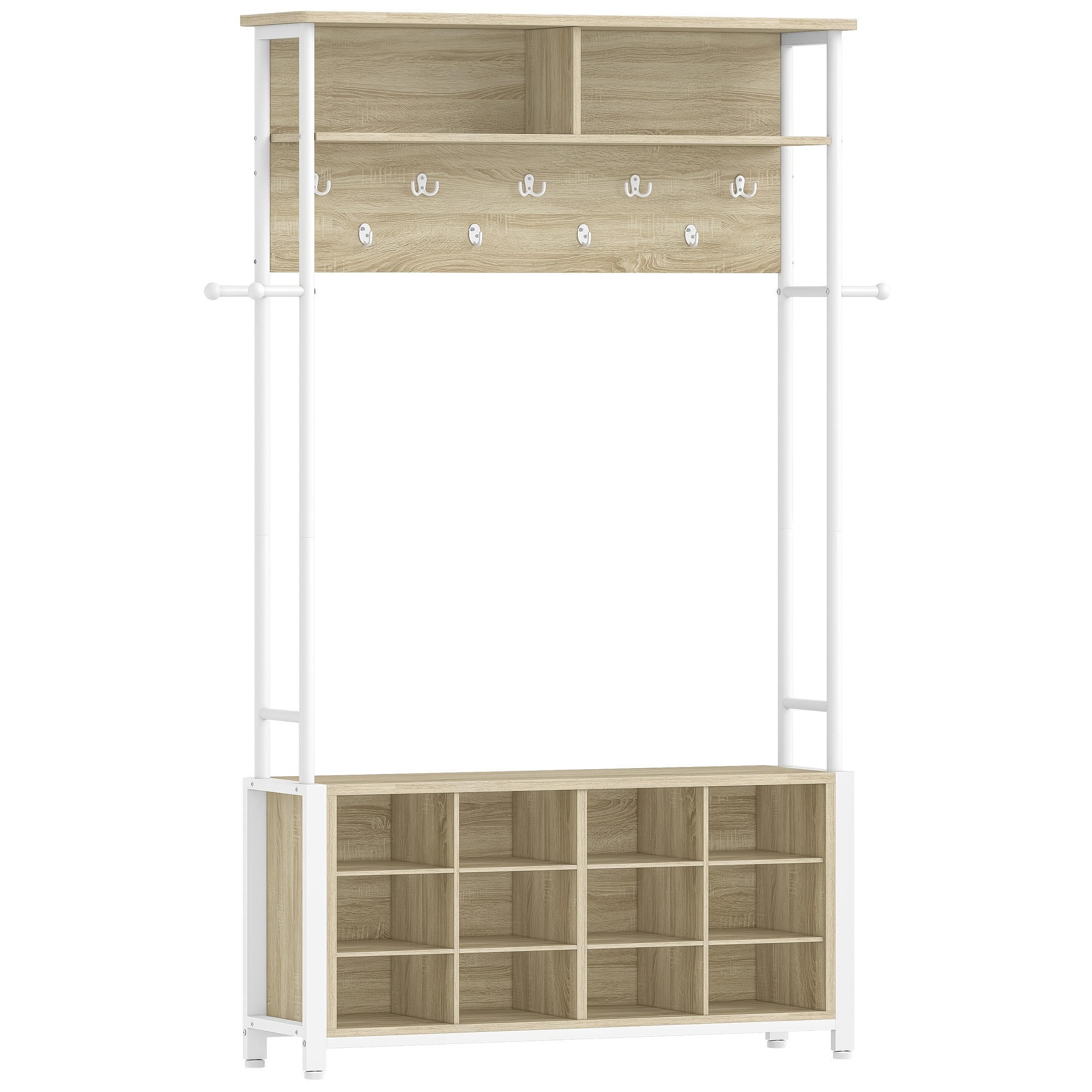 TEMU Coat Rack With Shoe Bench, Coat Rack With 13 Hooks, 14 Open Compartments, Adjustable Shelves, Hallway, Entrance Coat Rack, Oak White