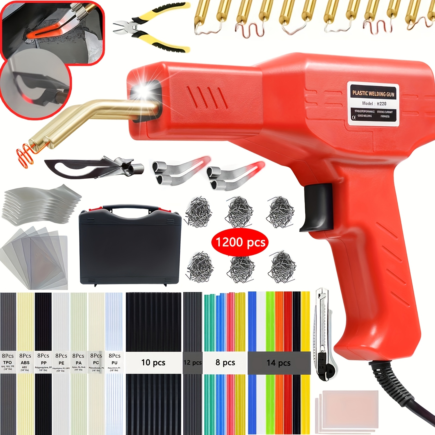   220w plastic welder 2 in 1 plastic welding kit plastic repair welder kit 1200pcs hot stapler soldering gun with 100pcs plastic welding rods car bumper repair kit for most plastic repair without battery