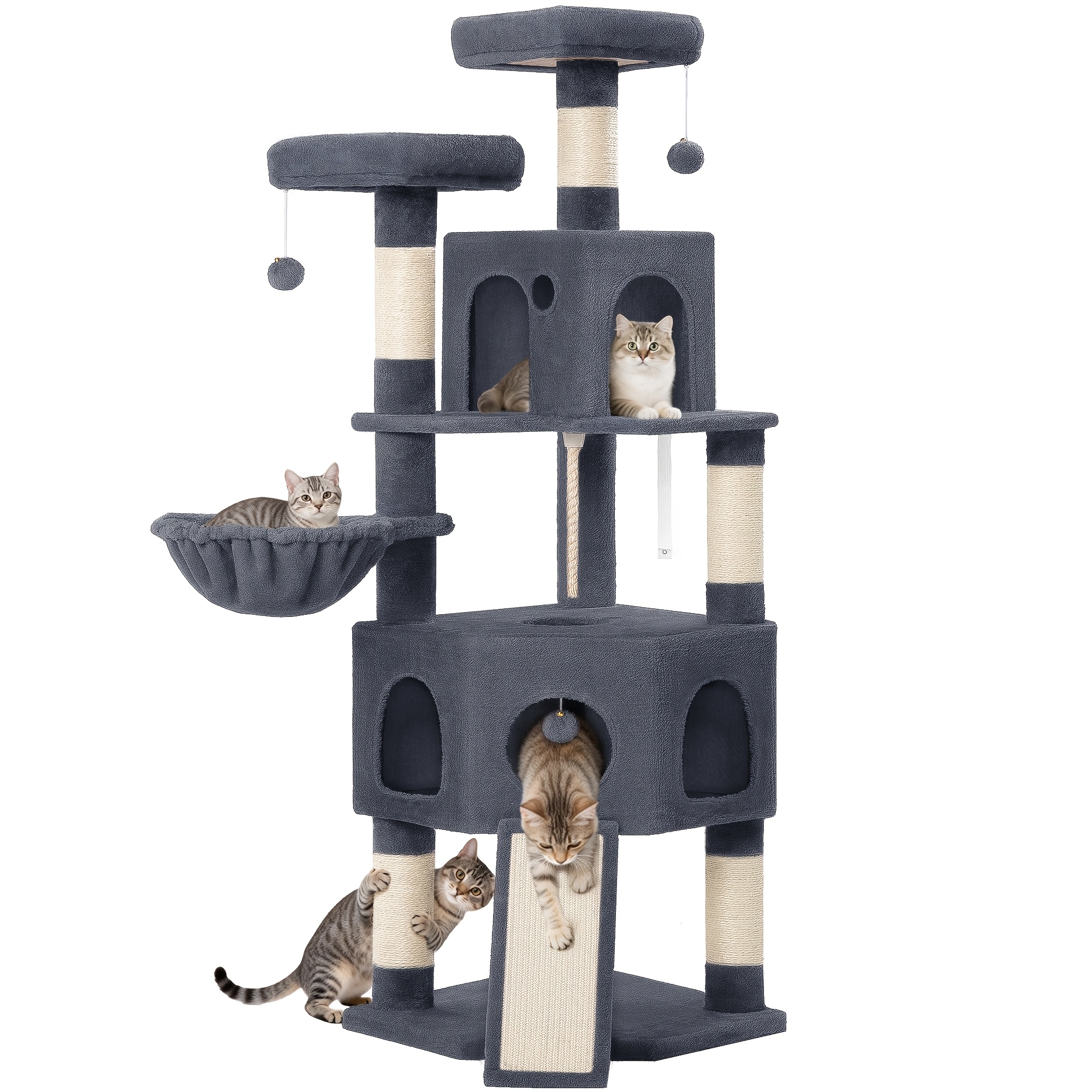 Cat Tree, 174cm Scratching Post, 2 Platforms, 2 Cave Beds, 4 Sisal Columns, 1 Cat Scratching Board, 1 Cat Basket, Pom-poms, Sisal Rope, Heavy-duty For Multi-cat Homes