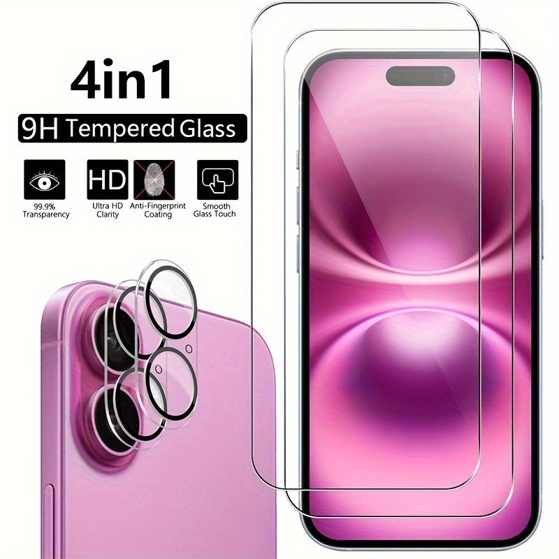 

2-pack 9h Tempered Glass Screen Protector With 2 Camera Lens Protectors, , , Bubble-free Installation, For Iphone 11/12/13/14/15/16 Series