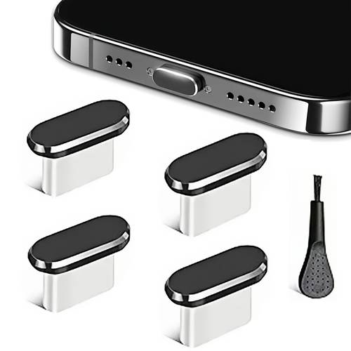4er-set usb-c-staubschutzstopfen mit 1 reinigungsbürste, metall-typ-c-ladeanschlussabdeckung, staubdichter usb-c-stecker-abdeckstopfen, ladeanschluss-abdeckkappen, handy-typ-c-anschluss-schutzkappen, kompatibel mit allen usb-c-geräten