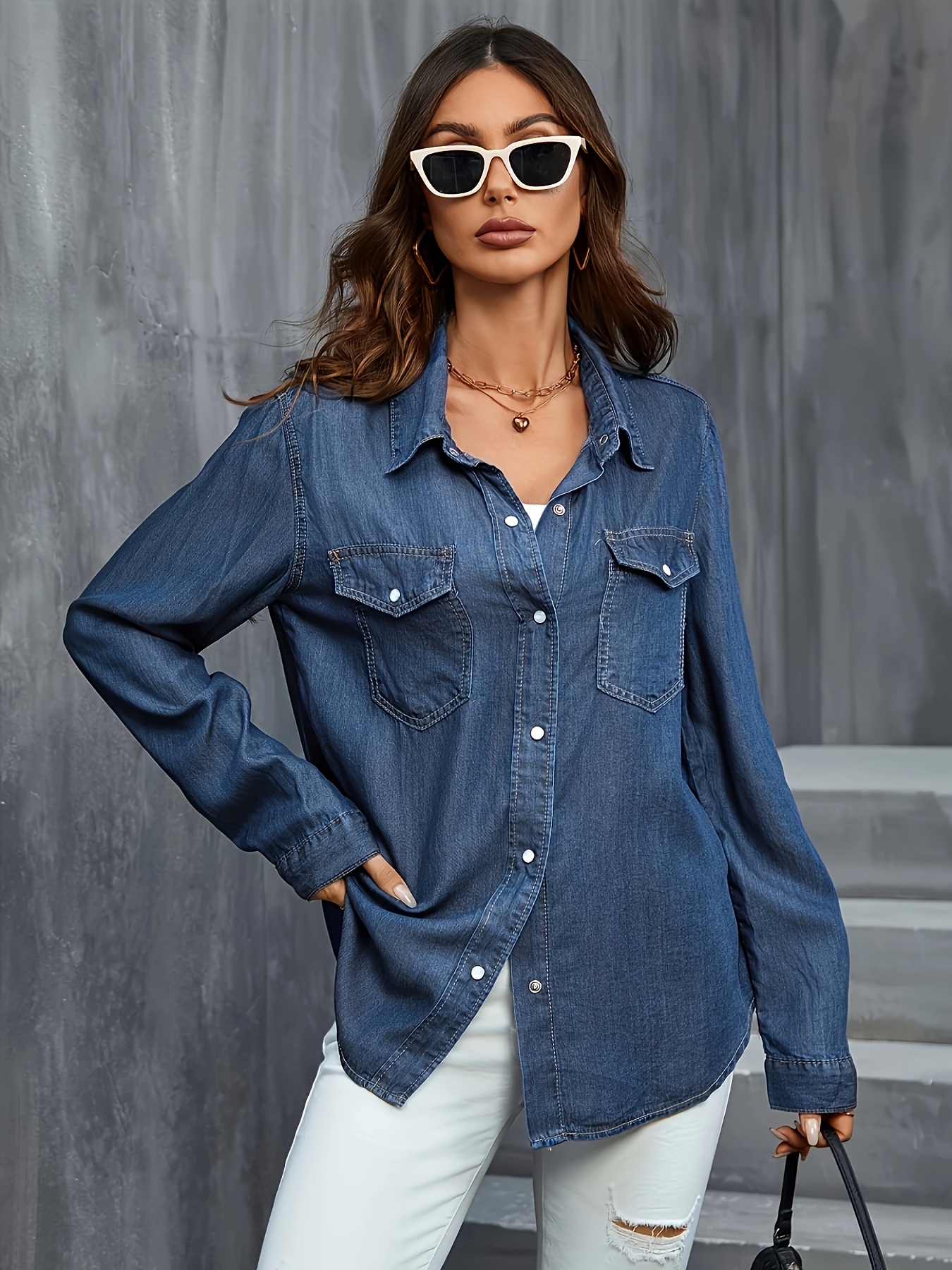 womens elegant loose fit button denim shirt non stretch long