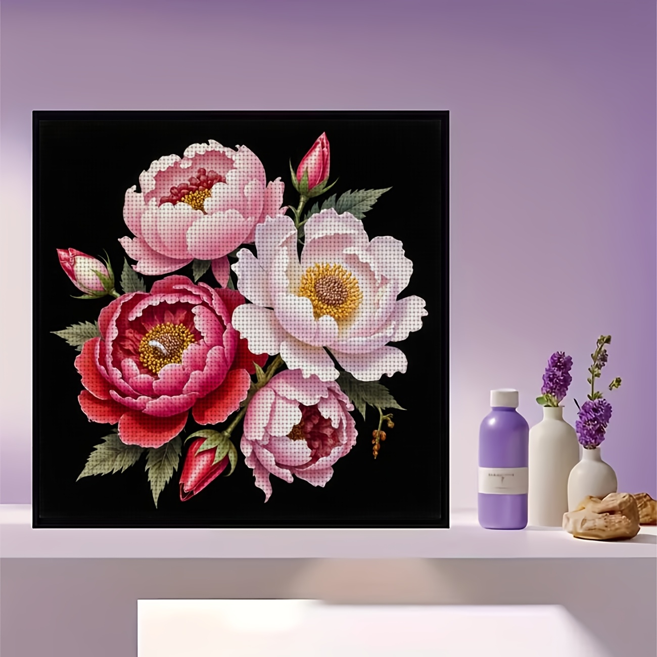 DIY Cross-Stitch Printing Kit Featuring Peony on Black Background, Perfect for Beginners