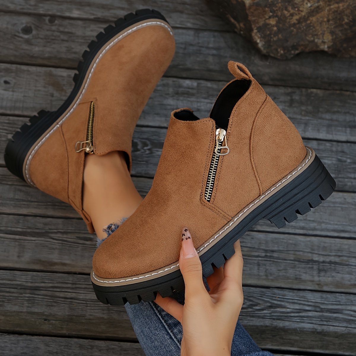 TEMU Stylish Casual Short Boots For Women Feature A Chunky Heel, Round Toe, And Dual Zippers On Sides, Making Them Suitable For An Elegant ., Women