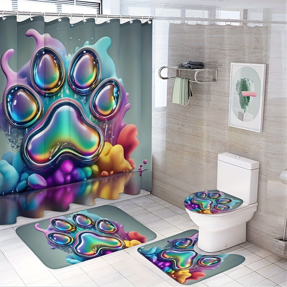 

1/3/4pcs Dog Paw Pattern Shower Curtain Set 12 , Multifunctional Shower Curtain, Bathroom Mat, U-shaped Mat, And Mat For Bathroom Decoration And