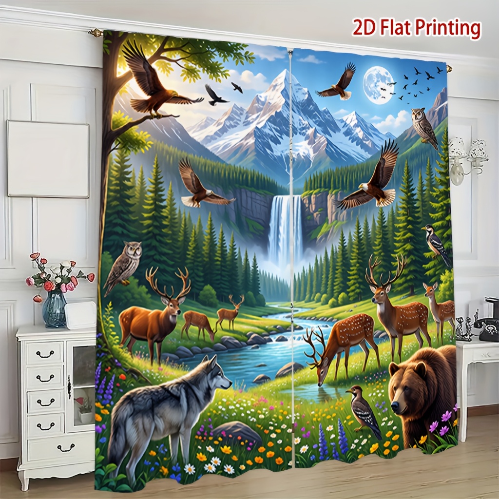 TEMU [ Product] 2pcs Curtain Forest Animal Scenery And Printed Curtains, Soft Light, Privacy Protection, Pocket Rod Installation Suitable For Living