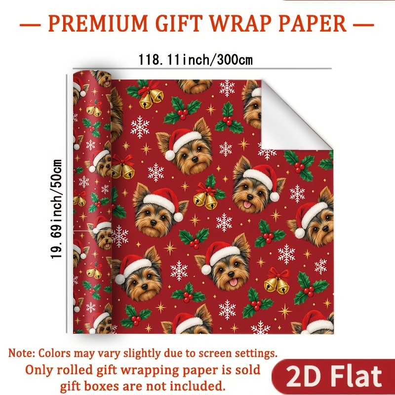 TEMU 1 Rouleau de Plat 2D Thème Noël Yorkie - Base Rouge avec Chien Yorkie Portant un Chapeau de Père Noël, Cloches de Noël Dorées et Feuilles de