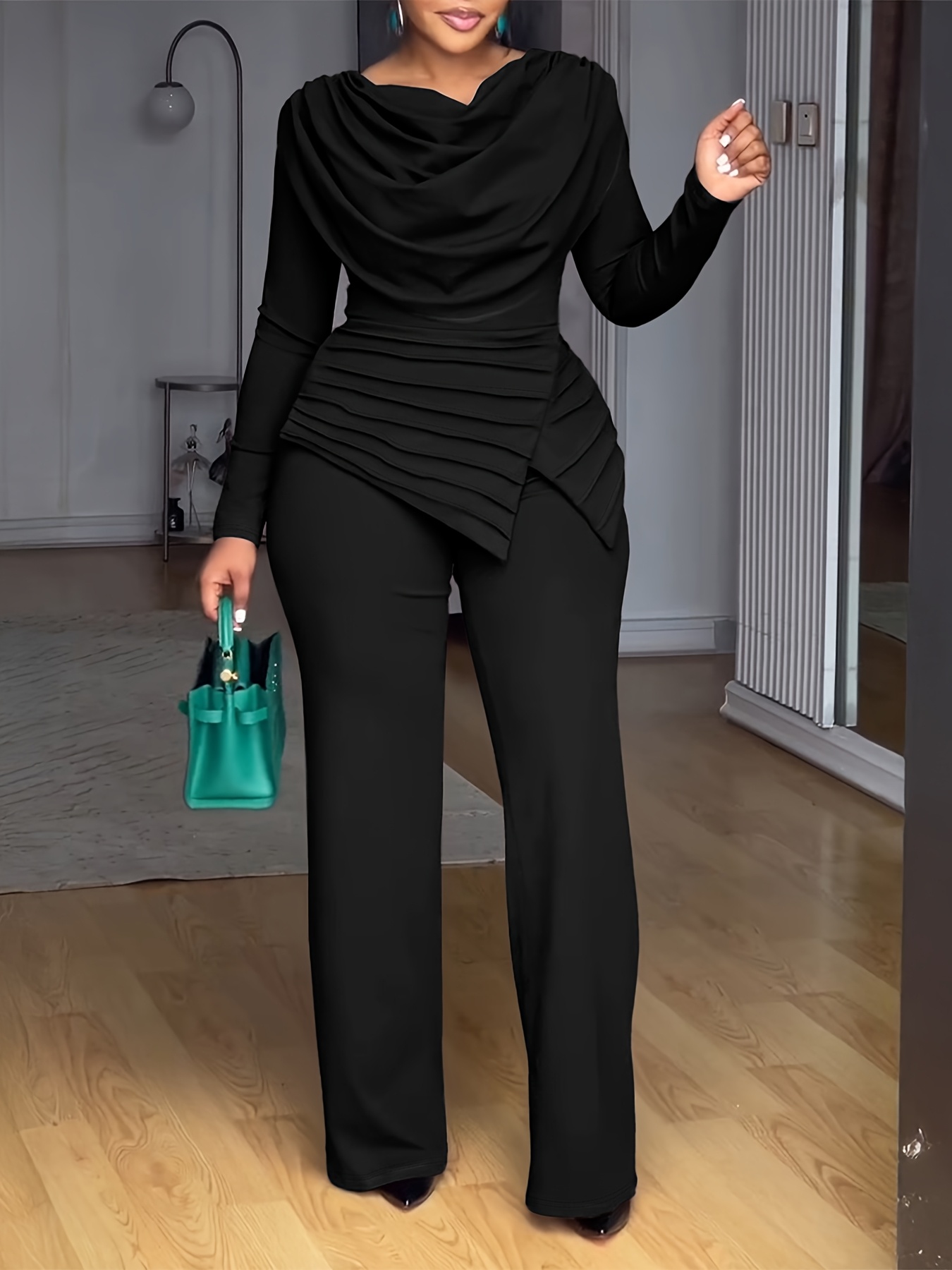 A Long-Sleeved Top with a Gathered Design And a Waist-Cinching Feature, Paired with Wide-Leg Jumpsuits