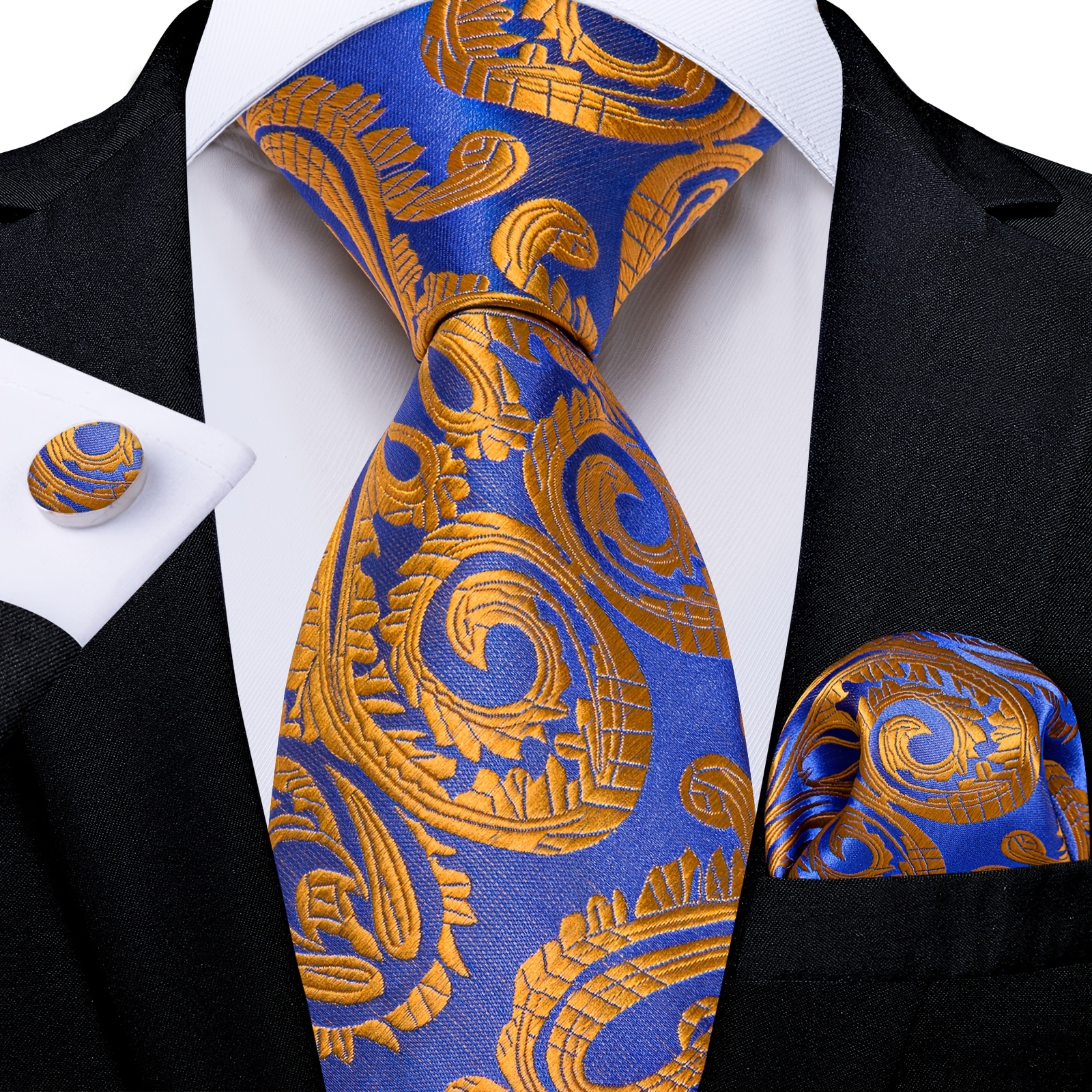 Men'-piece Set Featuring A Royal Blue And Golden Paisley Design, Including A Tie, Pocket Square, And Cufflinks - Perfect For Formal Business Occasions, Weddings, And Banquets
