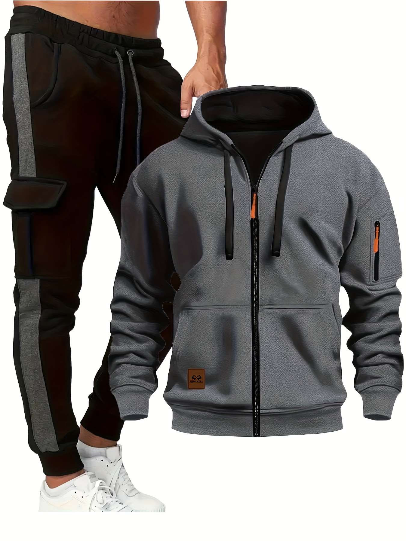 Men s 2pcs set, solid color fleece zipper long sleeved hooded sweatshirt and drawstring spliced pants set, hooded sweatshirt/pants with multiple pocket decorations, autumn/winter casual set