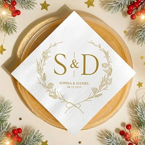 custom personalized floral letter wedding napkins customized for wedding anniversaries elegant table decor romantic wedding table decoration unique letter customization self name and date luxurious wedding table decor