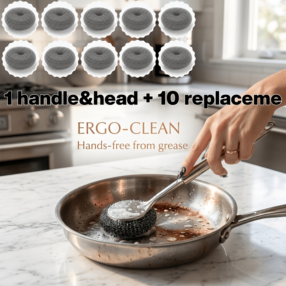 TEMU 11pcs Set Scrubber With Long Handle, Heavy Duty Chainmail Cast Cleaner, Reusable Metal Mesh Dish Scrubber For Pot Pan , Non-electric Manual