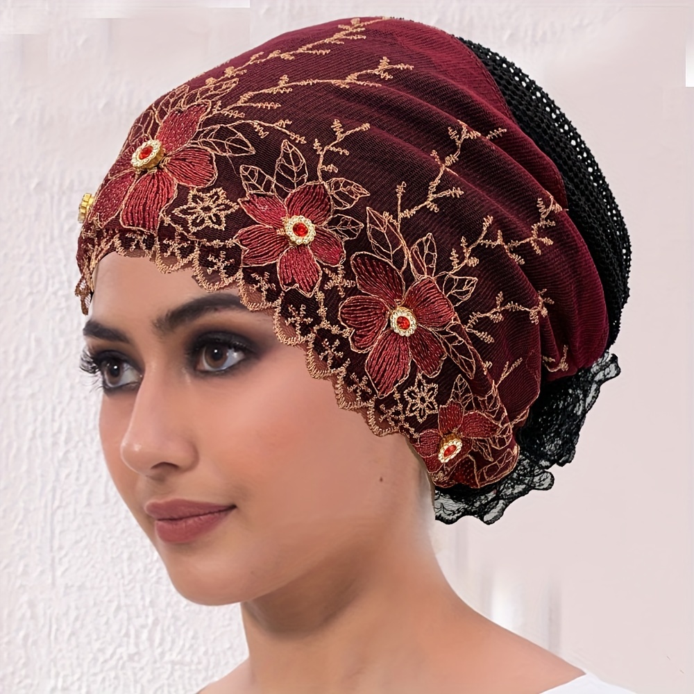 

Embroidered Polyester Turban Hat For Women - , Breathable Cap With Rhinestone Accents, Ideal For Chemo Patients, Summer Headscarf Skullies & Beanies