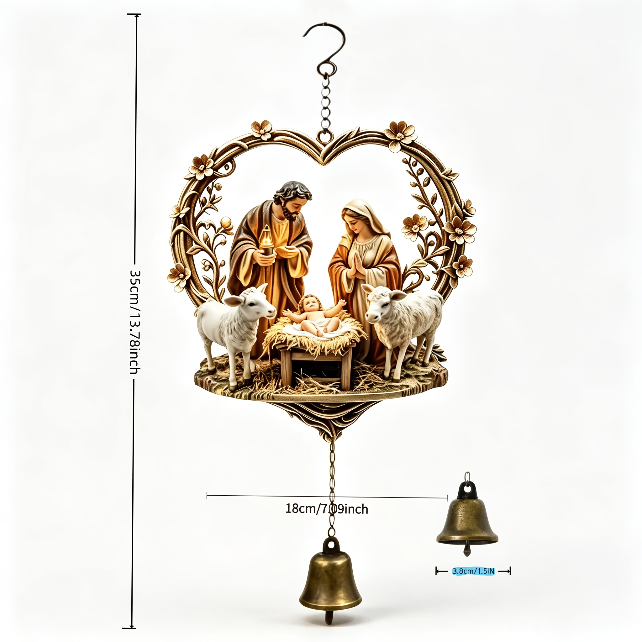 TEMU Cadre sculpté en cœur, scène de la , famille sainte, motif floral avec pendentif unique en bronze vintage avec cloche, carillon à vent suspendu