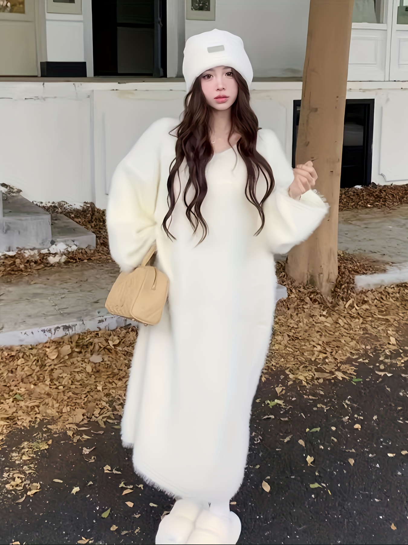 2025 autumn winter plush womens long v neck dress