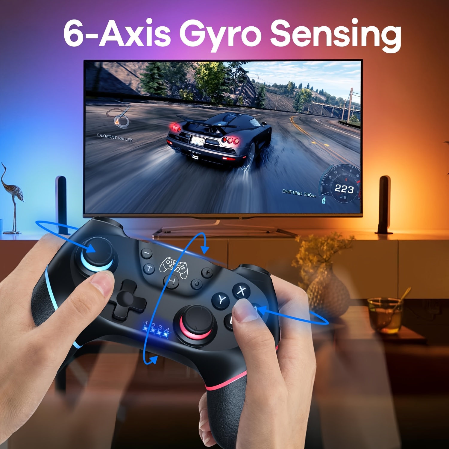 Wireless Professional Controller for Switch, Switch Lite, Switch OLED - Motion Sensing, Adjustable Turbo, Dual Analog Sticks, Blue & Red Accents, Ideal for PC/IOS, Gaming Controller|Ergonomic Design|Adjustable Turbo