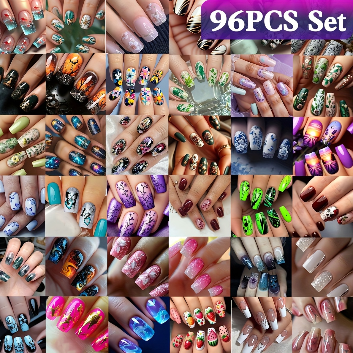 TEMU 96pcs Surprise Random Style Art Nails, , Glossy Finish, 36 Diverse Style Element Patterns, Removable Medium-length Reusable Press-on Fake Nails