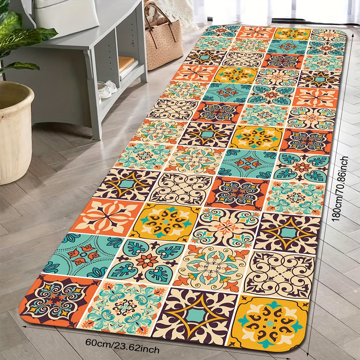 1pc Kitchen Mat, Bohemian Style Elements Printed Pattern Mat, Polyester Non-slip Soft Mat, Suitable For Kitchen And Entrance, And Durable