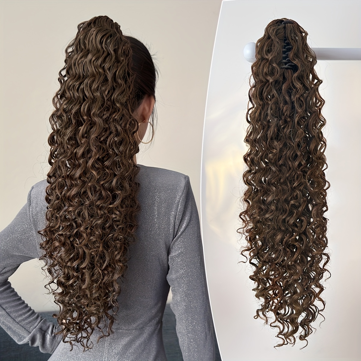   24 deep wave dark brown claw clip ponytail extension heat resistant synthetic hair for women long curly   for daily   accessories details 0