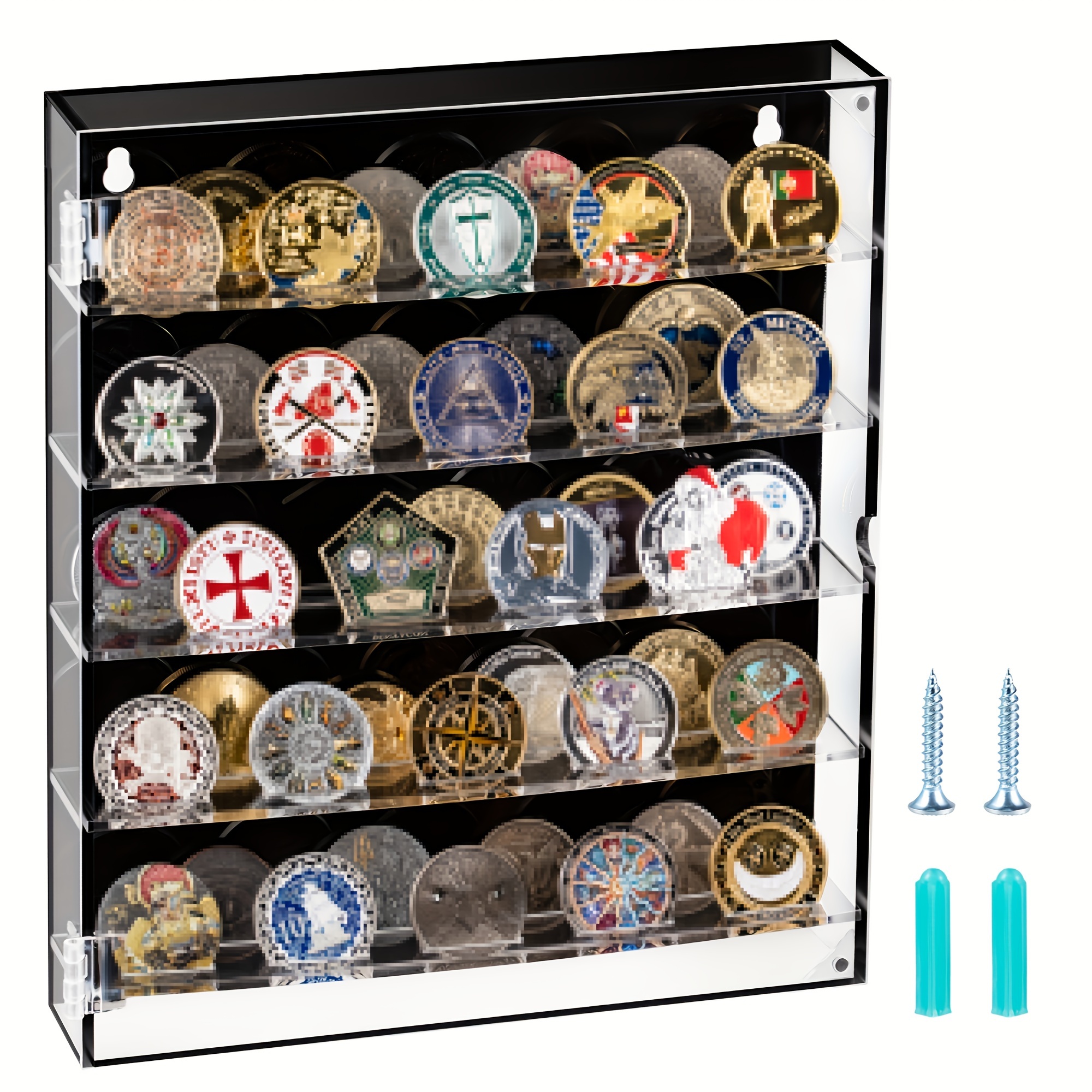 

5-row Military Challenge Coin Display Case With Removable Shelves - Shadow Box For Collectibles, Poker Chips & More - Contemporary Style, No Power Needed