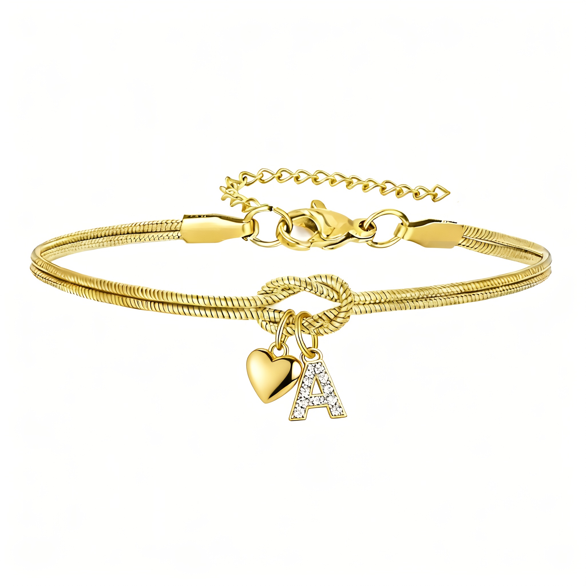 Image of 26 Initials Knot Bracelet For Women Golden Plated Chain Heart Letter Charm Bracelet Pave Zirconia A-z Alphabet Monogram Bangle Jewelry Birthday Valentine's Day Gift For Her Mom Girlfriend