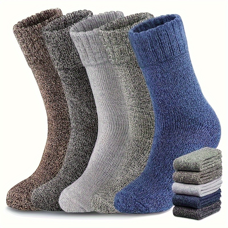 

5 Pairs Men's Thick Wool Socks - Cozy Winter Hiking Socks, Soft Ribbed Casual Socks In Brown, Gray, Blue, Black & Dark Blue, Fits 38-45, Men's Thermal Socks | Ribbed Knit Socks | Thick Warm Socks