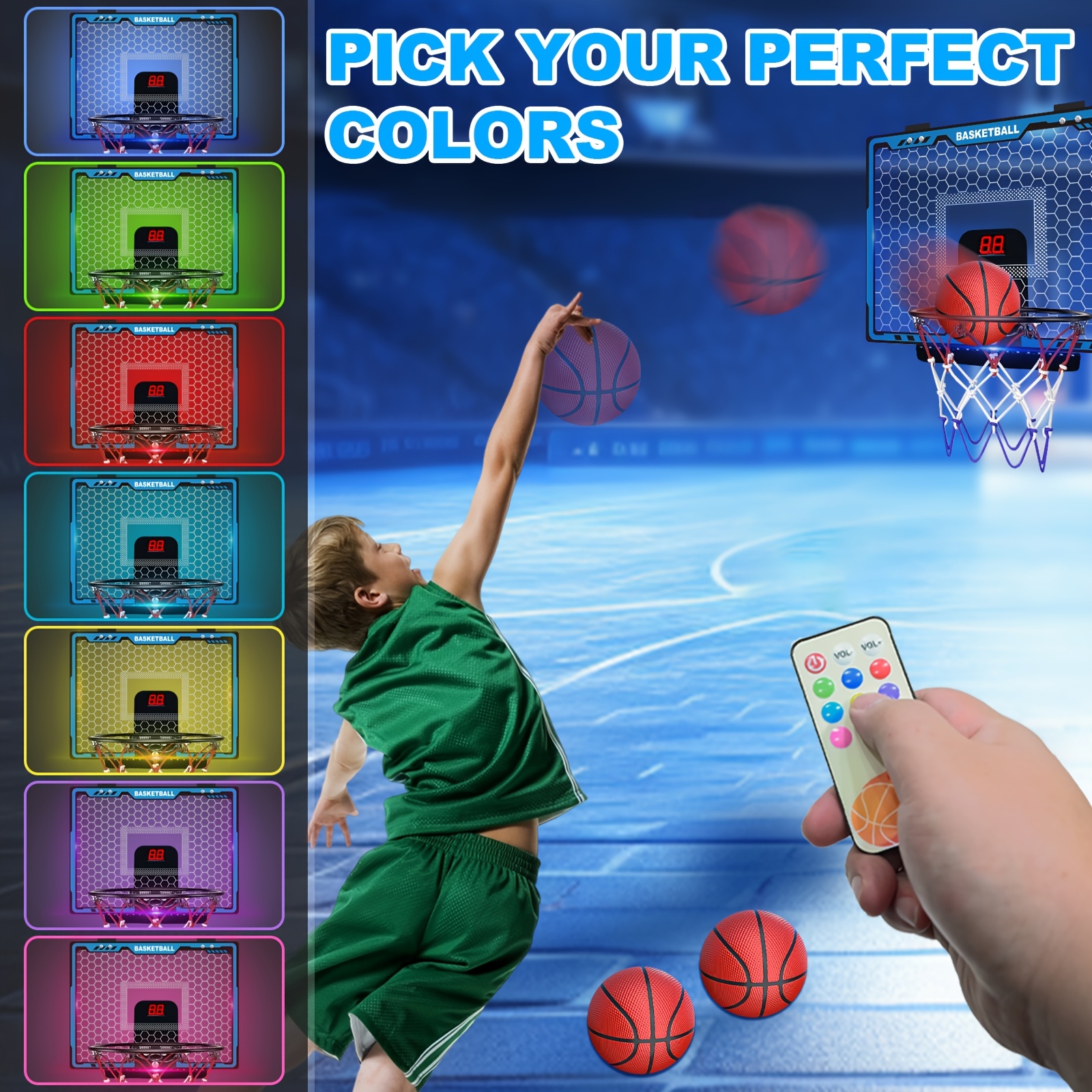 Indoor Mini Basketball Hoop for Kids, Basketball Hoops Over The Door with LED Lighting, Mini Hoop with Scoreboard & 3 Balls, Basketball Toys Gifts for 5 6 7 8 9 10 11 12 Year Old Boys Girls