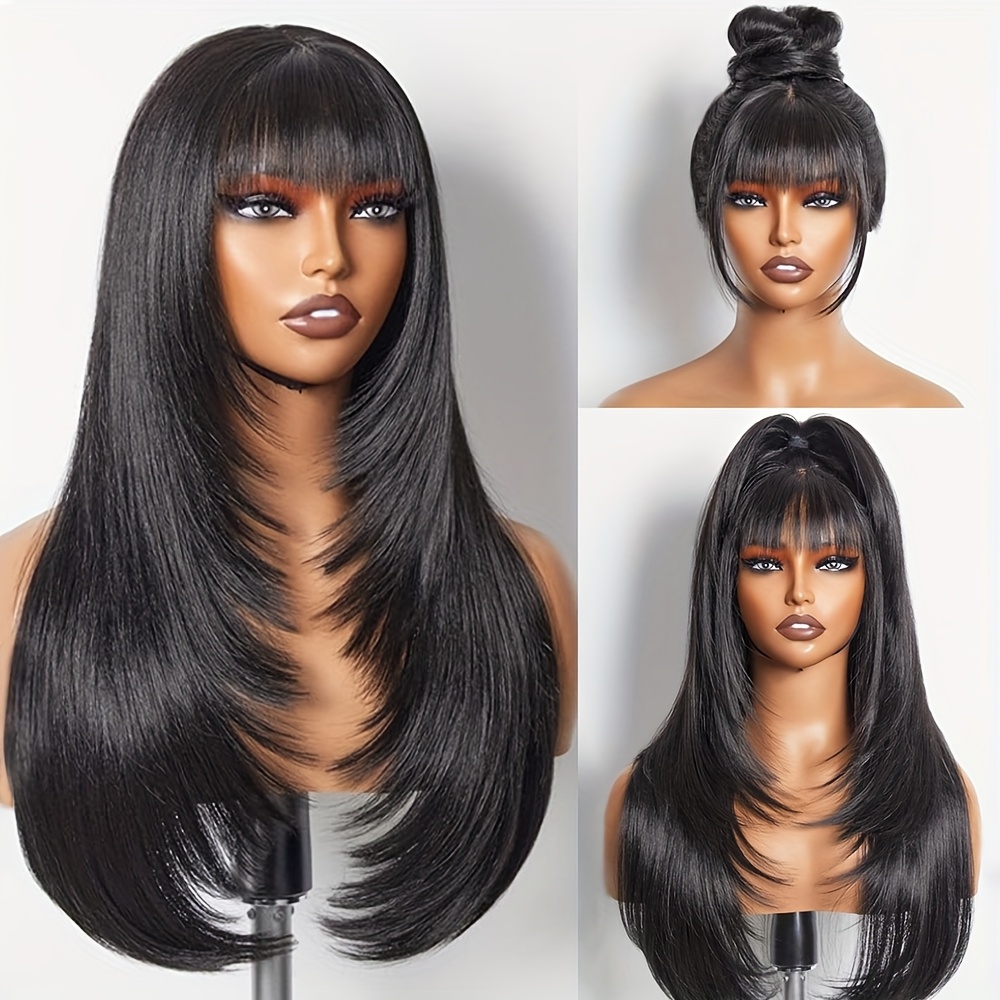 

Black Long Layered Wig Made From Heat-resistant Synthetic Fibers, Featuring Bangs And A Straight Style With , , Parties, Or Cosplay.