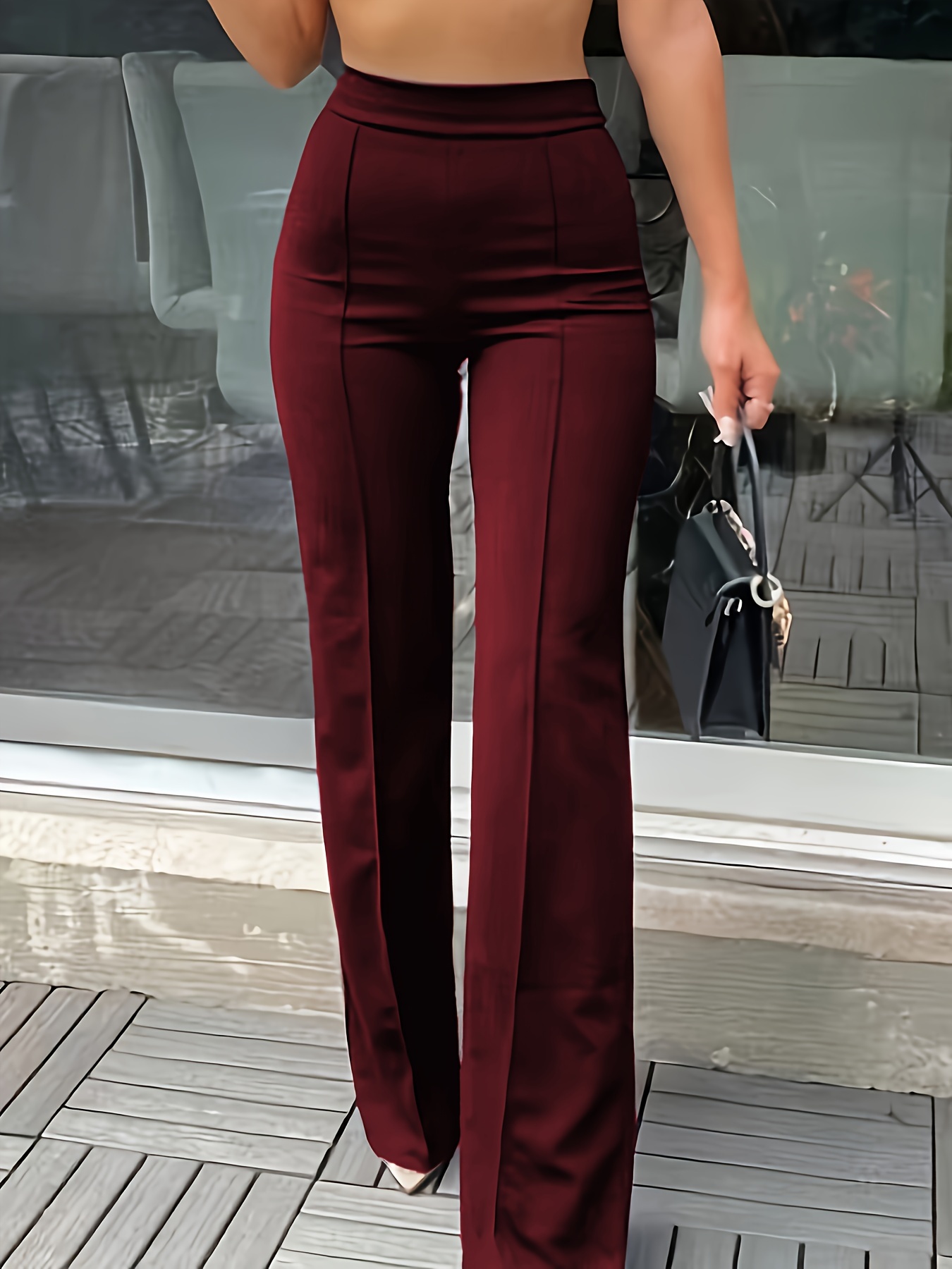 Solid High Waist Slim Pants, Casual Flare Leg Pants For Spring