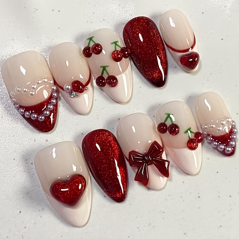 TEMU 10 Stk. Retro Valentinstag-Nägel Mandelförmige Acryl-Press-on-Nägel Mittelmäßige Oberfläche Glänzende weiße Spitzen Sommernägel Wiederverwendbar