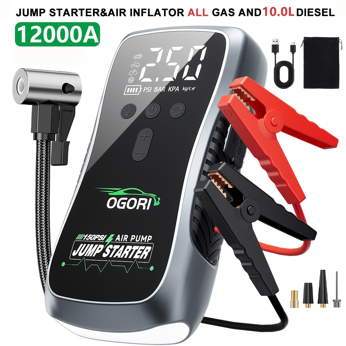 Image of 12000a Portable Car Jump Starter Power Pack, Wireless 150psi Tire Inflator Air Compressor, 12v Auto Battery Booster, 30000mah Power Bank, Led Sos Flashlight, For All Gasoline And 10.0l Vehicles