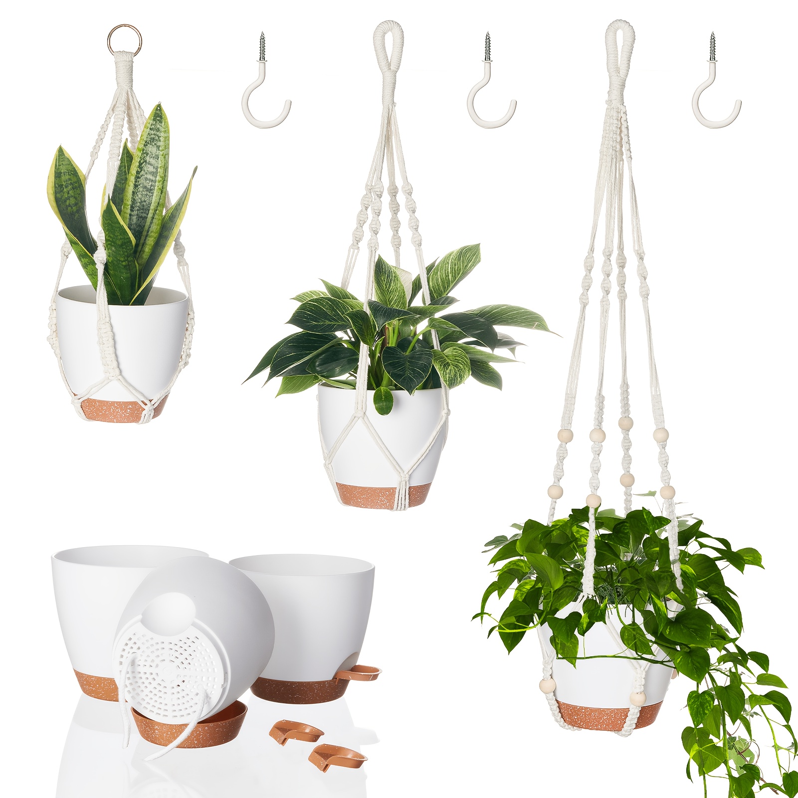 Image of Bamworld 3-pack Macrame Plant Hangers With Self-watering Flower Pots, Hanging Plant Pots Suitable For Indoor And Outdoor Plants, Ideal As Holders For Home, Garden, Balcony, And Ceiling Decorations