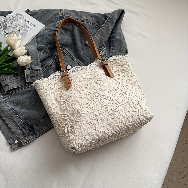 Lace Large Capacity Tote Bag, New Summer Trendy Style with Scarf Gift, Contrast Color Women's Fresh Artistic Handbag
